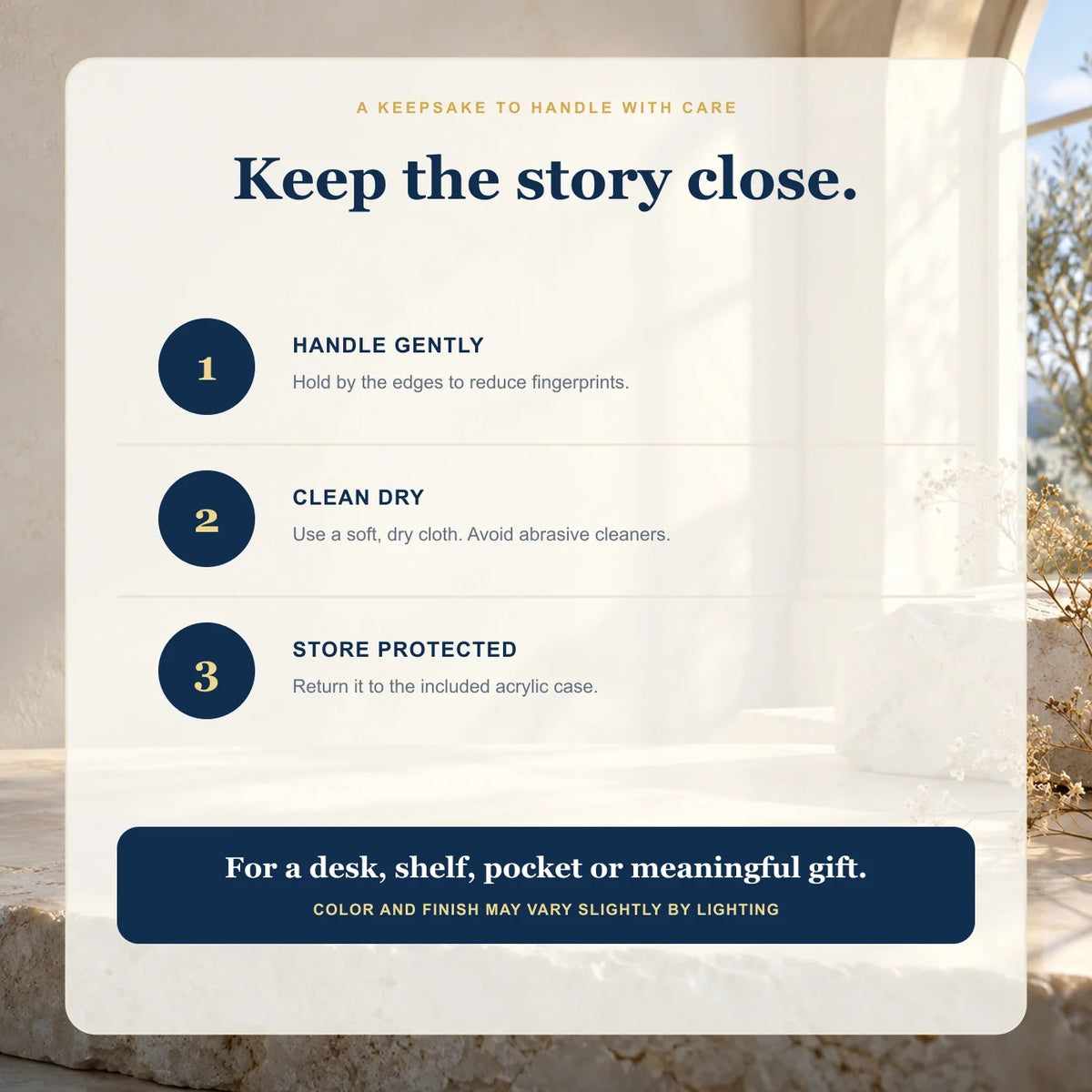 Care guide for the decorative commemorative coin and acrylic case