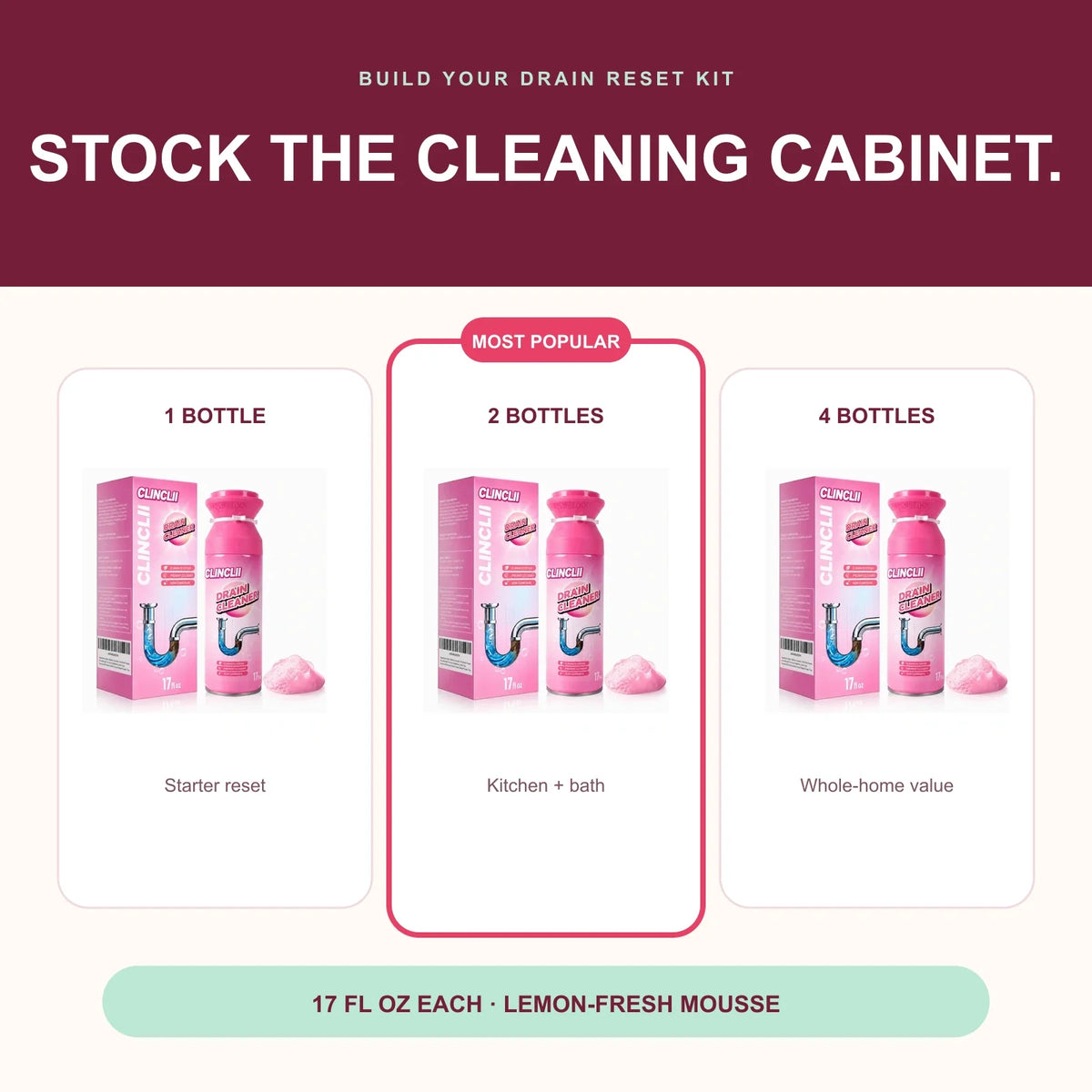 One two and four bottle Clinclii foam drain cleaner bundles