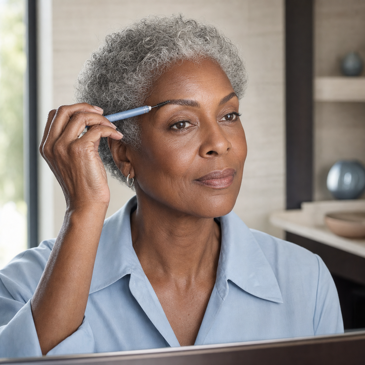 Mature Black woman using ALISANDA brow setting wand
