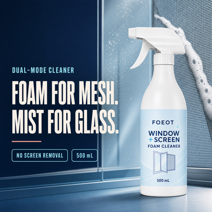 FOEOT dual-mode cleaner hero showing foam for mesh and mist for glass