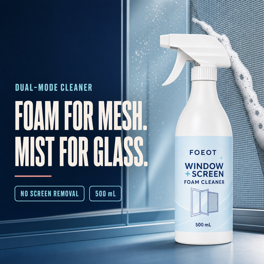 FOEOT dual-mode cleaner hero showing foam for mesh and mist for glass