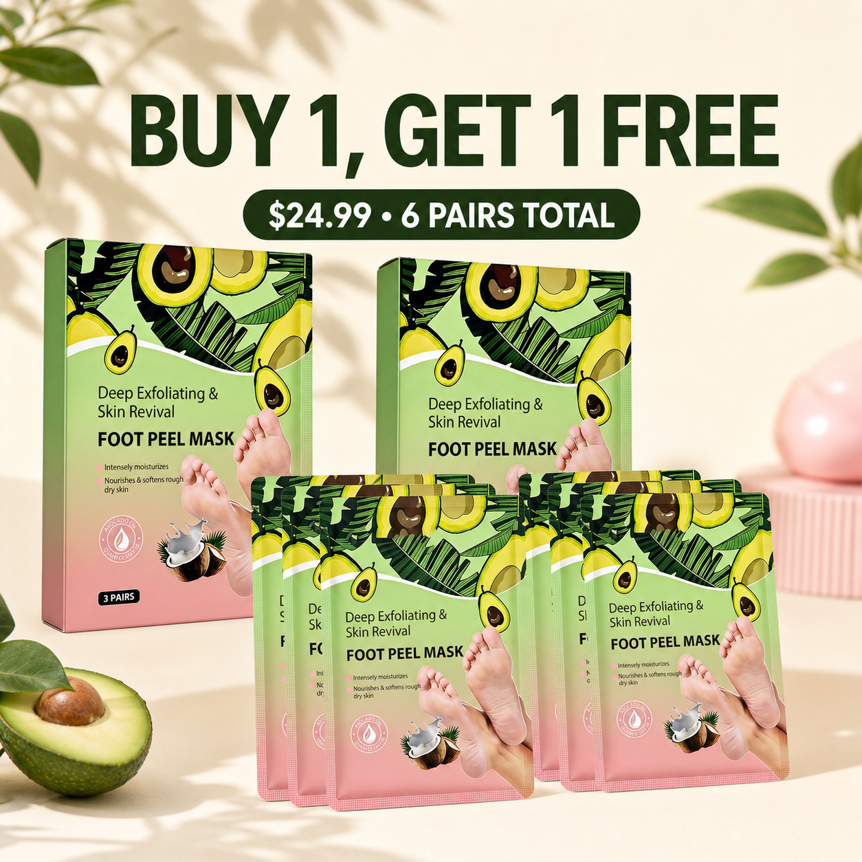 Buy one get one free foot peel mask offer with two boxes and six pairs total