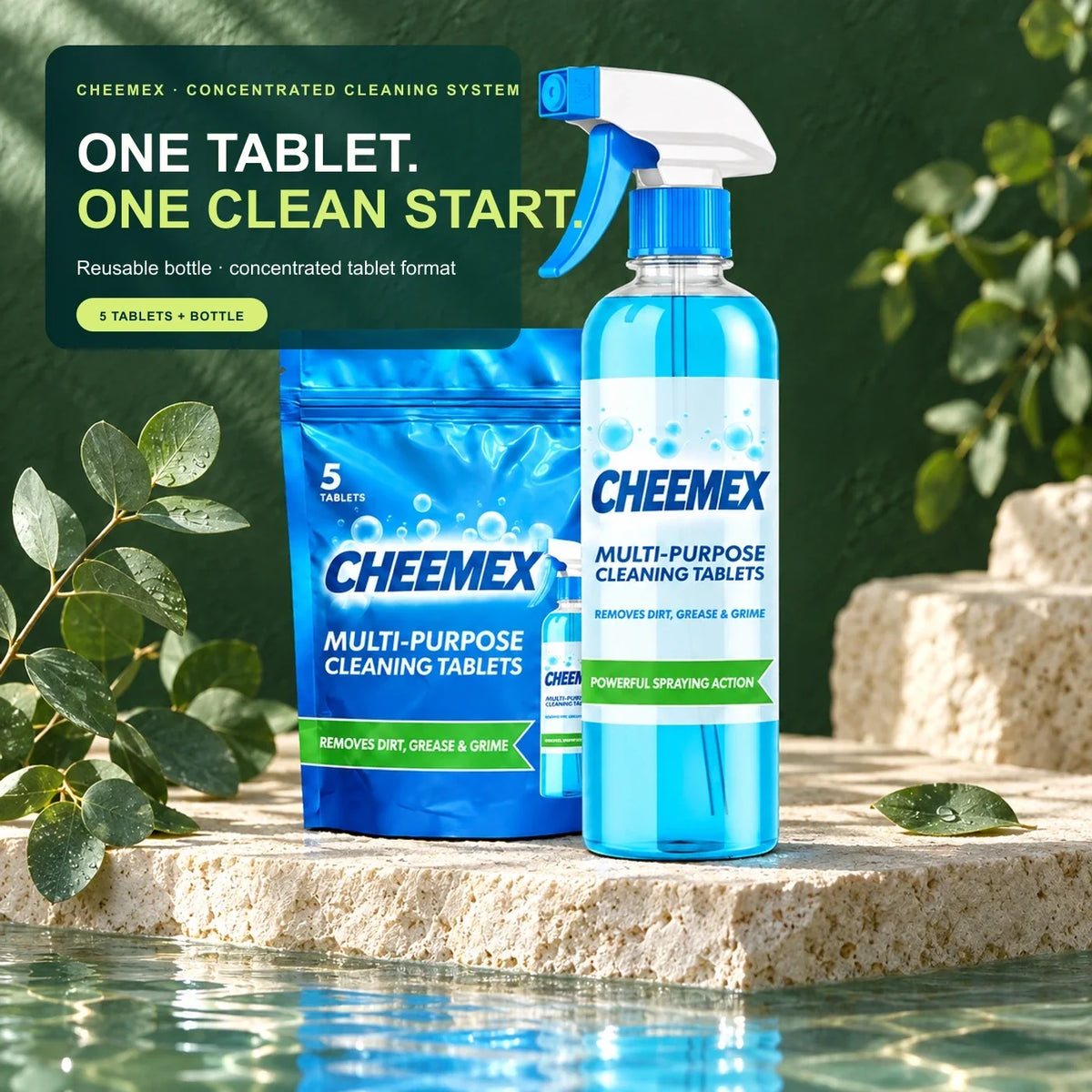 CHEEMEX concentrated cleaning tablet starter set with reusable bottle