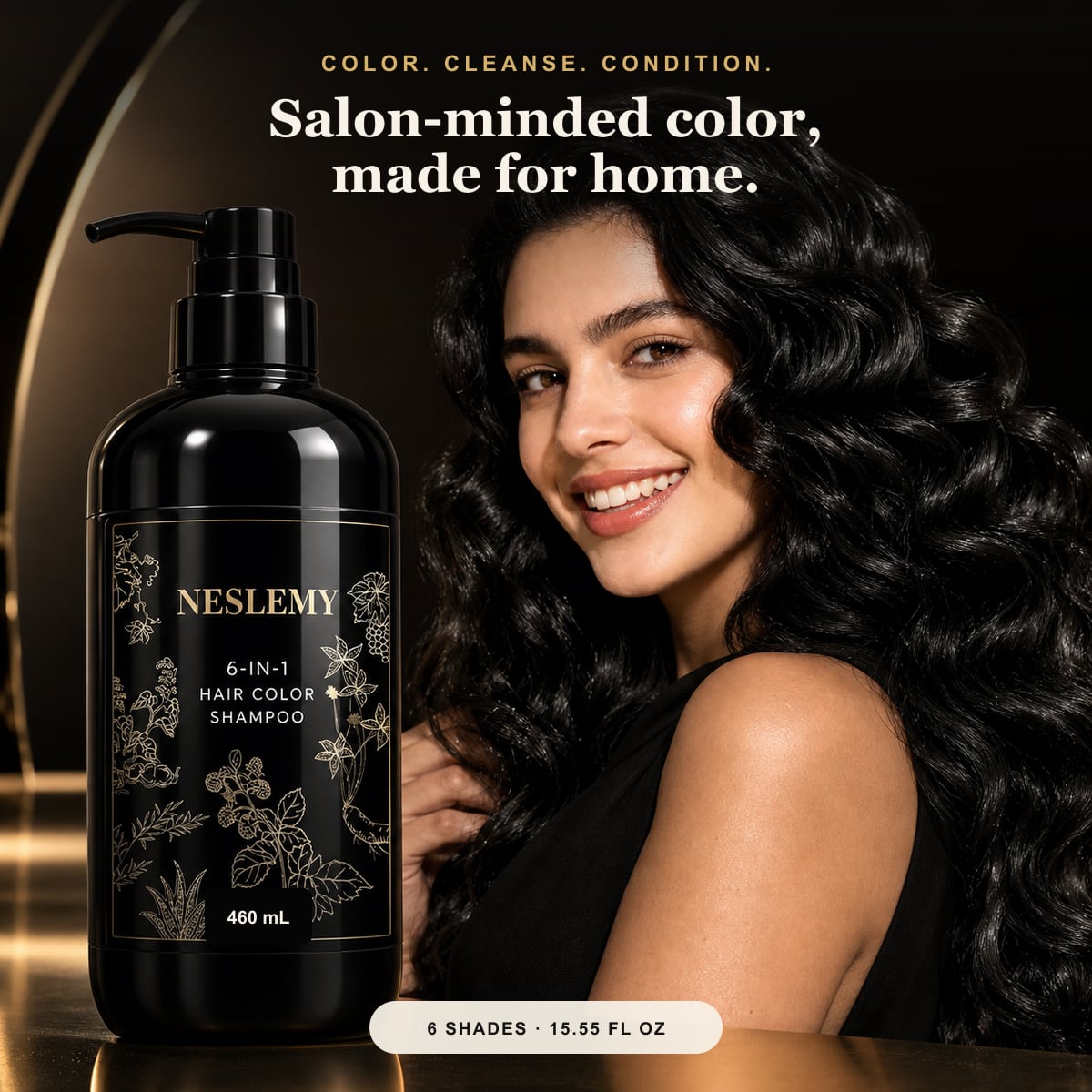 NESLEMY 6-in-1 Hair Color Shampoo 460 mL with glossy black hair model