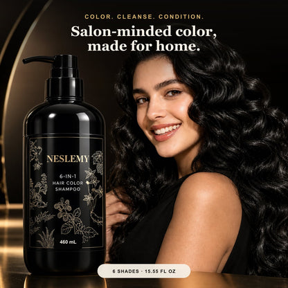 NESLEMY 6-in-1 Hair Color Shampoo 460 mL with glossy black hair model