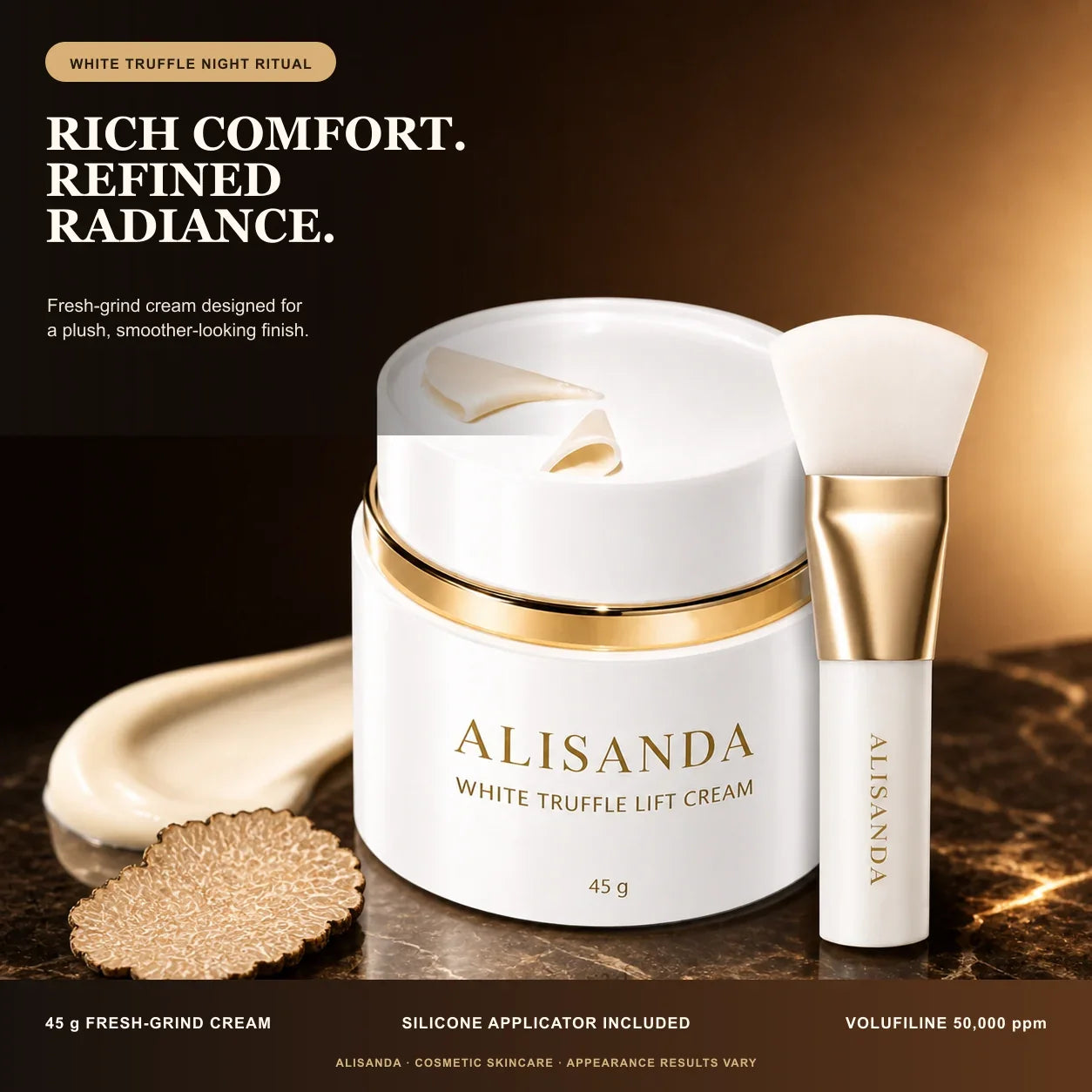 ALISANDA White Truffle Lift Cream fresh-grind jar and silicone applicator