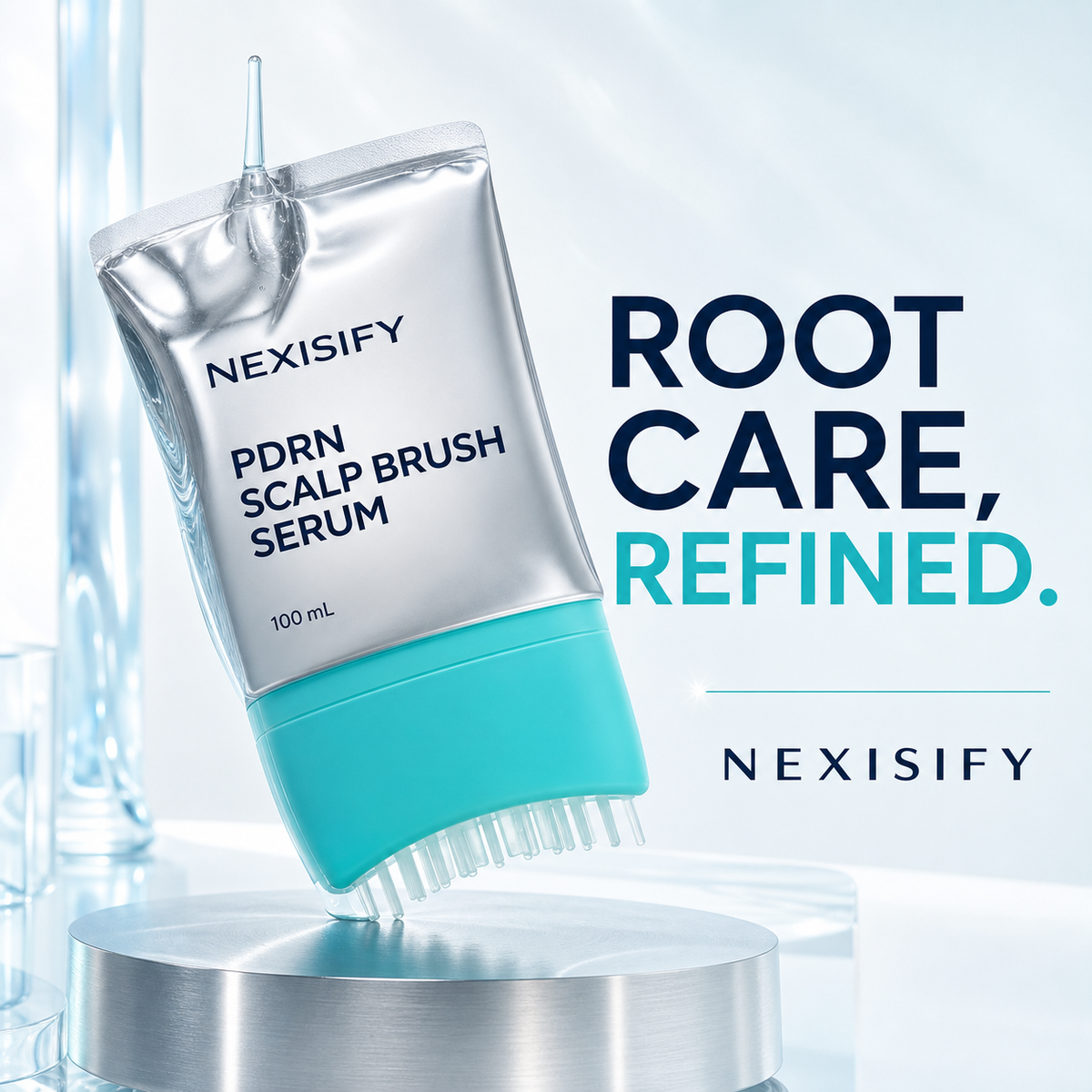 NEXISIFY PDRN scalp brush serum hero in a cool silver and aqua editorial layout