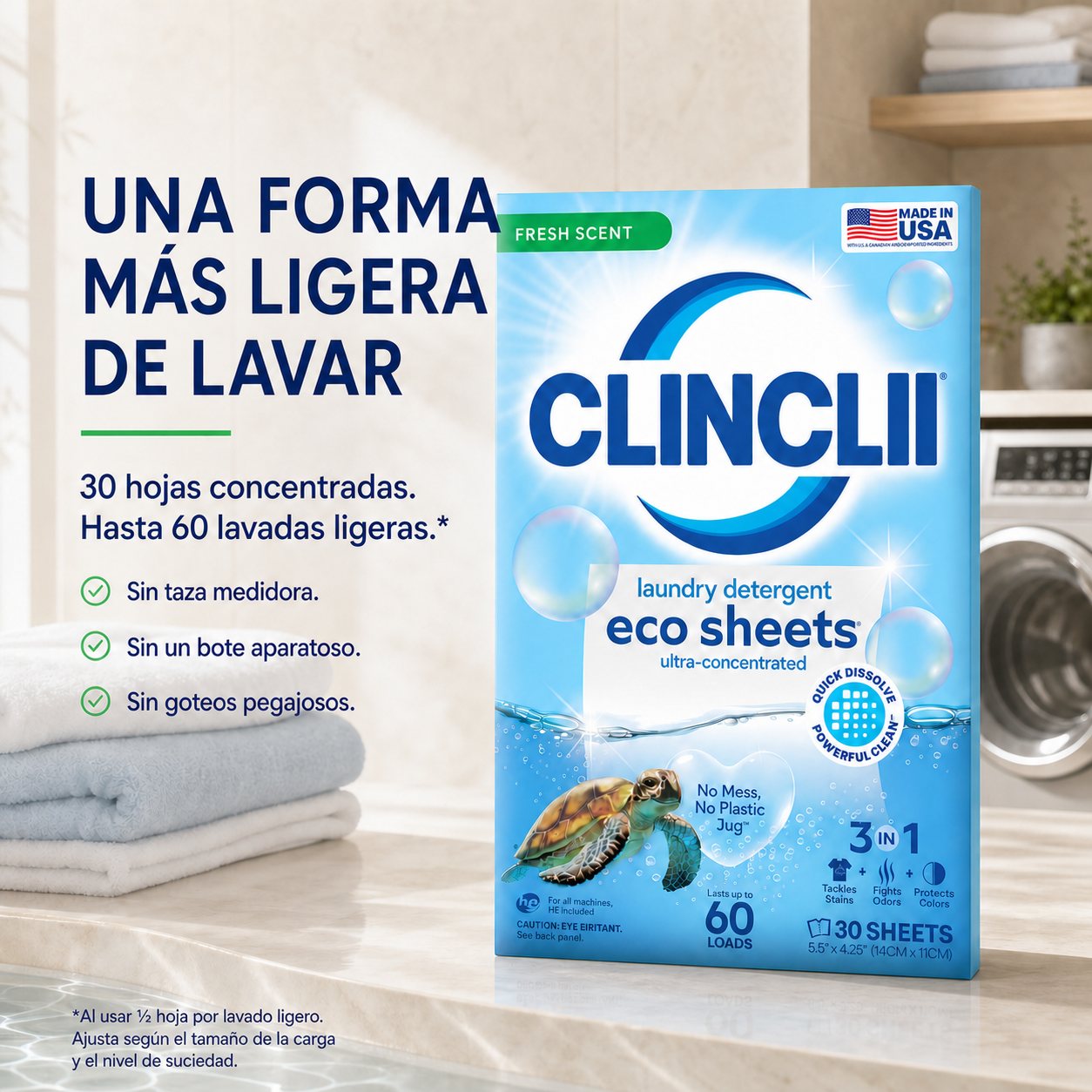 Hojas de detergente CLINCLII para una rutina de lavado más ligera