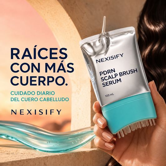 Suero NEXISIFY PDRN con cepillo para raíces en un estilo coral y aguamarina