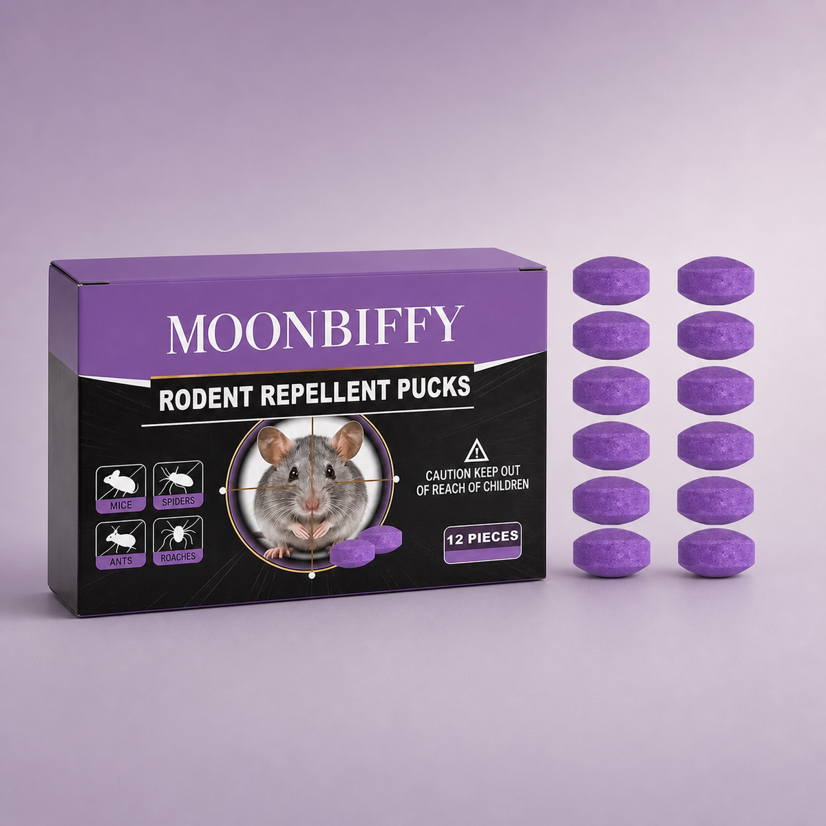 MOONBIFFY 12-piece purple rodent repellent puck box and twelve pucks