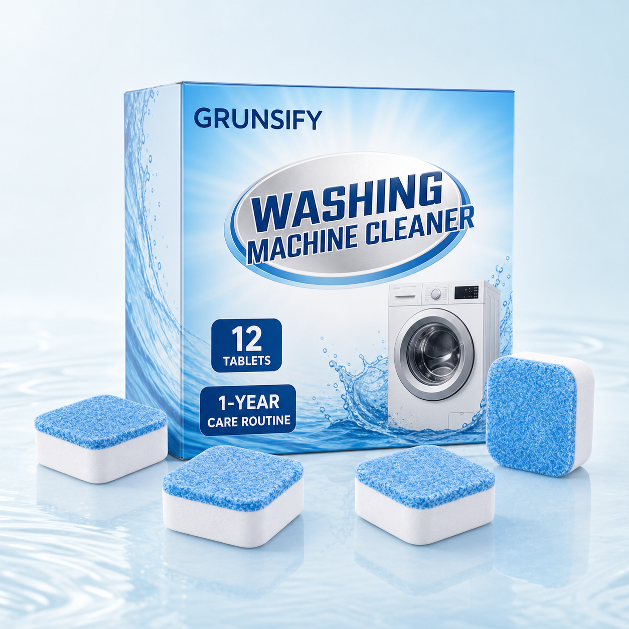 GRUNSIFY 12-count washing machine cleaner tablets and product box