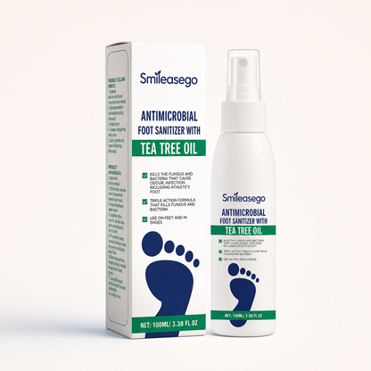 Smileasego tea tree foot spray 100 mL with carton and exact green navy packaging