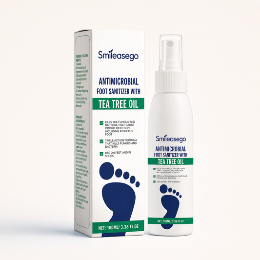 Smileasego tea tree foot spray 100 mL with carton and exact green navy packaging