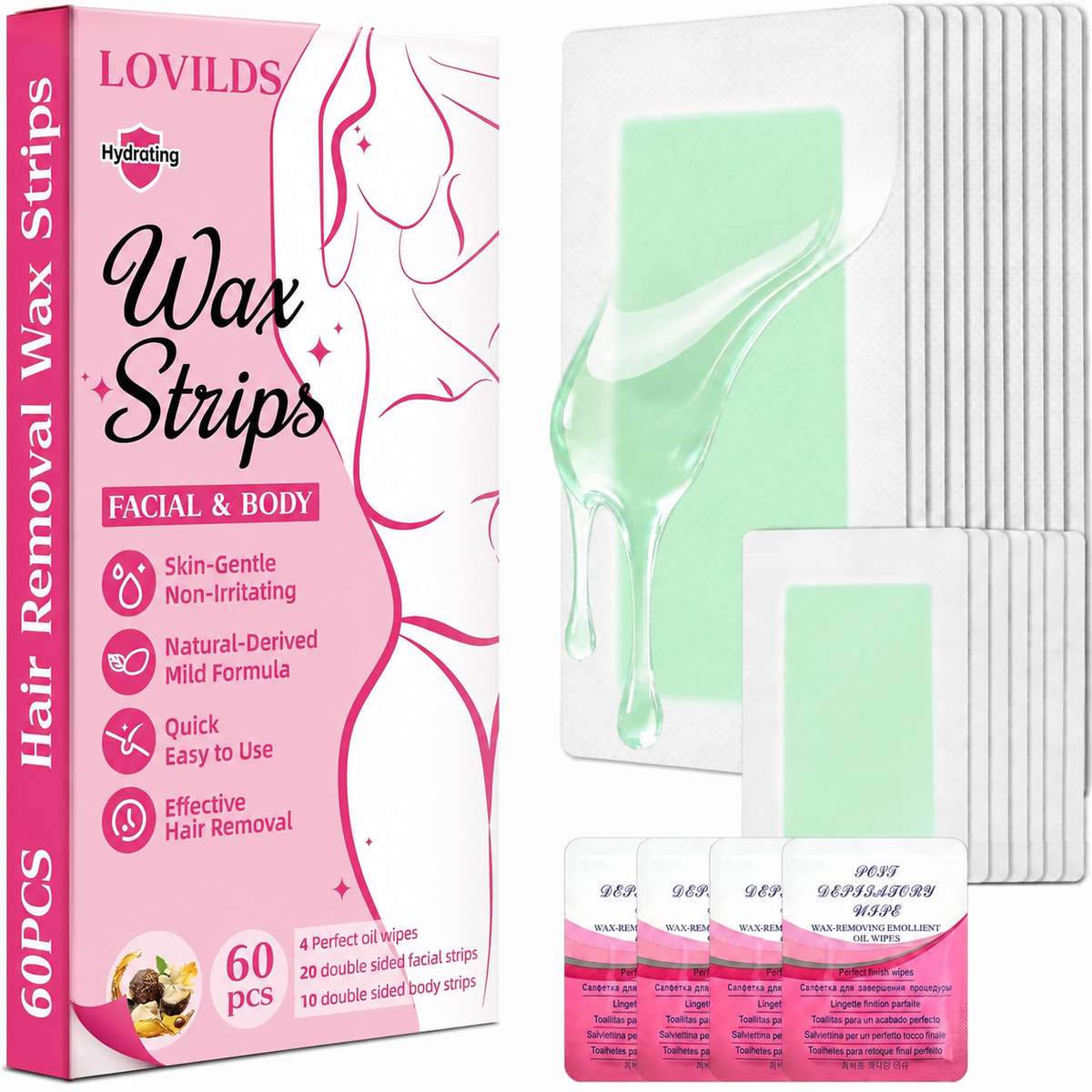 LOVILDS facial and body wax strip kit with mint wax strips and finishing wipes