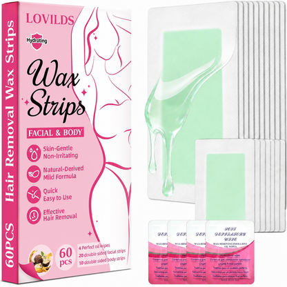 LOVILDS facial and body wax strip kit with mint wax strips and finishing wipes