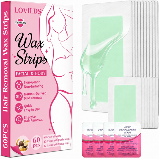 LOVILDS facial and body wax strip kit with mint wax strips and finishing wipes