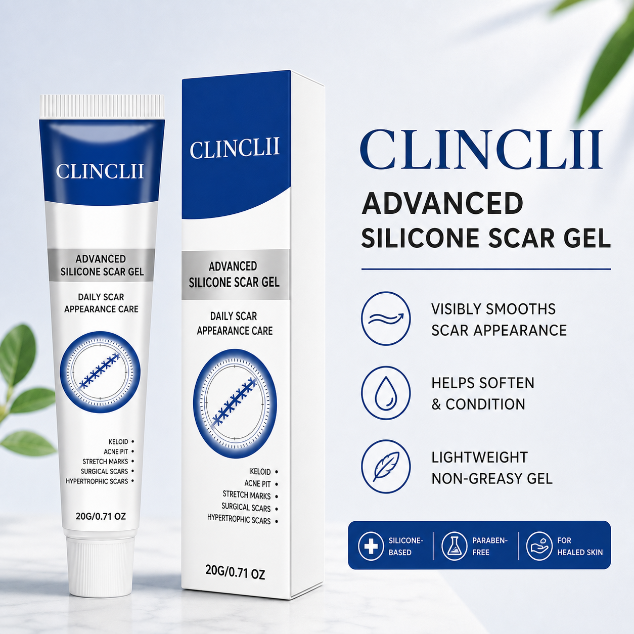 CLINCLII Advanced Silicone Scar Gel tube and box