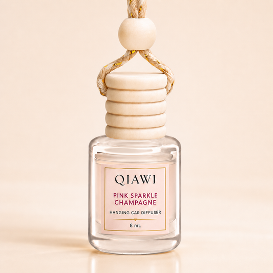 Single QIAWI Pink Sparkle Champagne 8 mL hanging car diffuser bottle