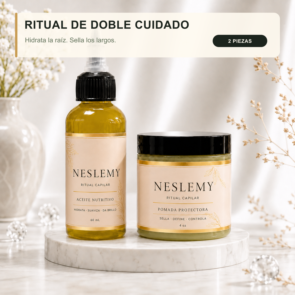 NESLEMY ritual capilar de doble cuidado con aceite nutritivo y pomada protectora