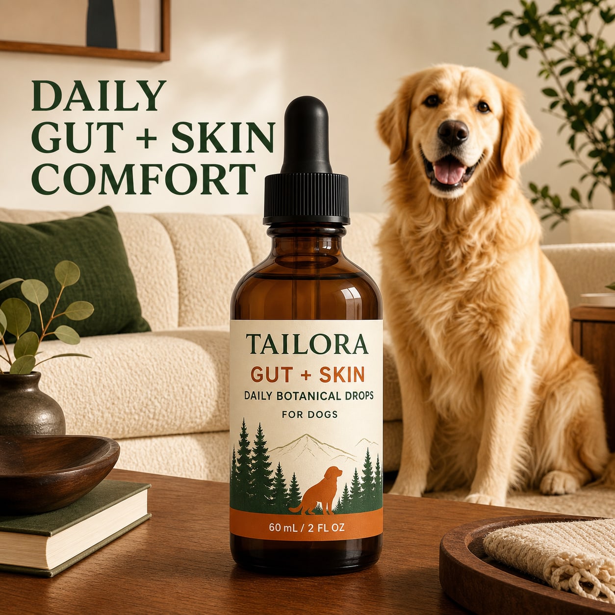 TAILORA Gut and Skin Daily Botanical Drops 60 mL with a golden retriever