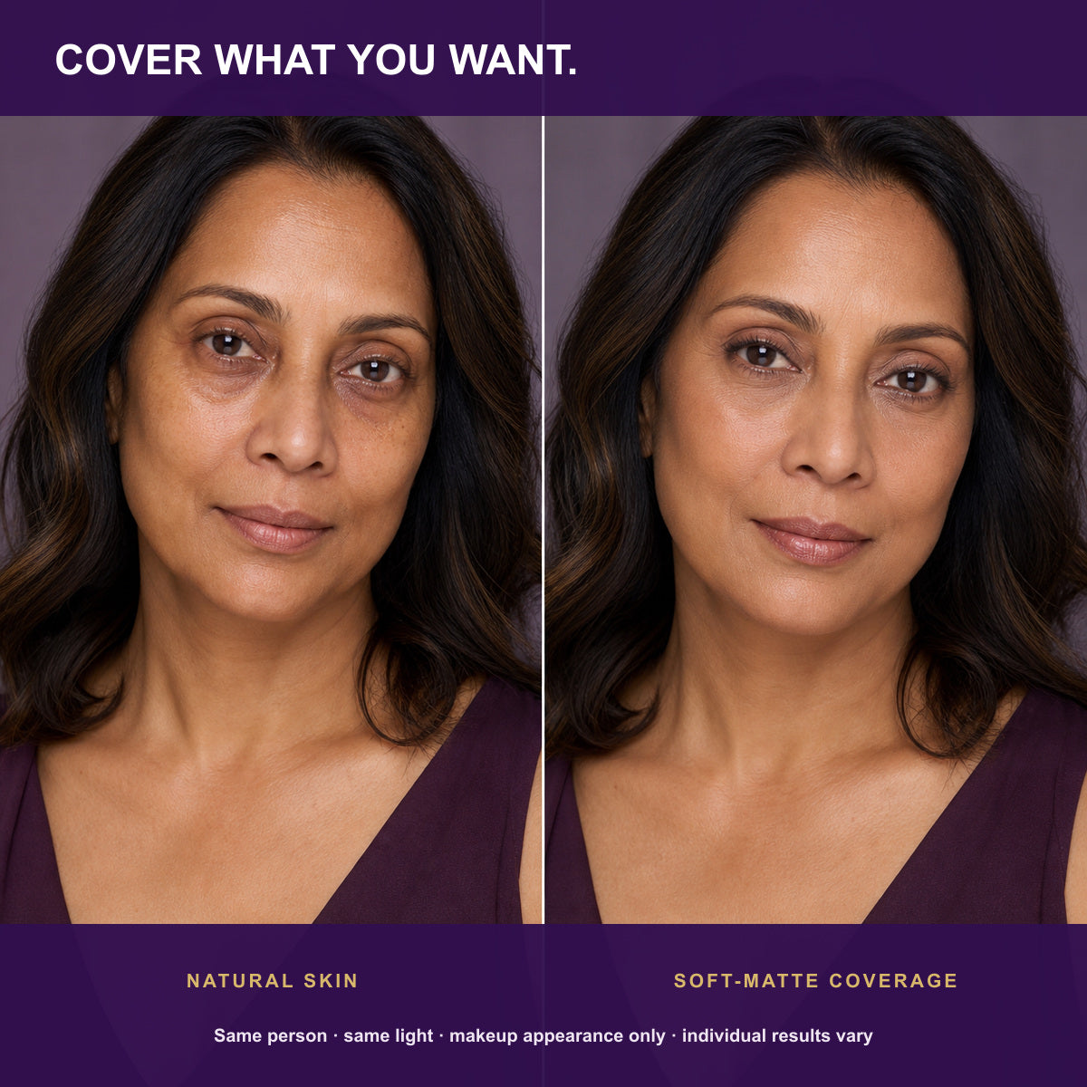 Same-person natural skin and buildable soft-matte concealer comparison