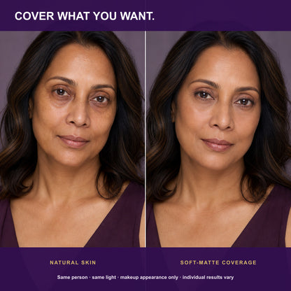 Same-person natural skin and buildable soft-matte concealer comparison