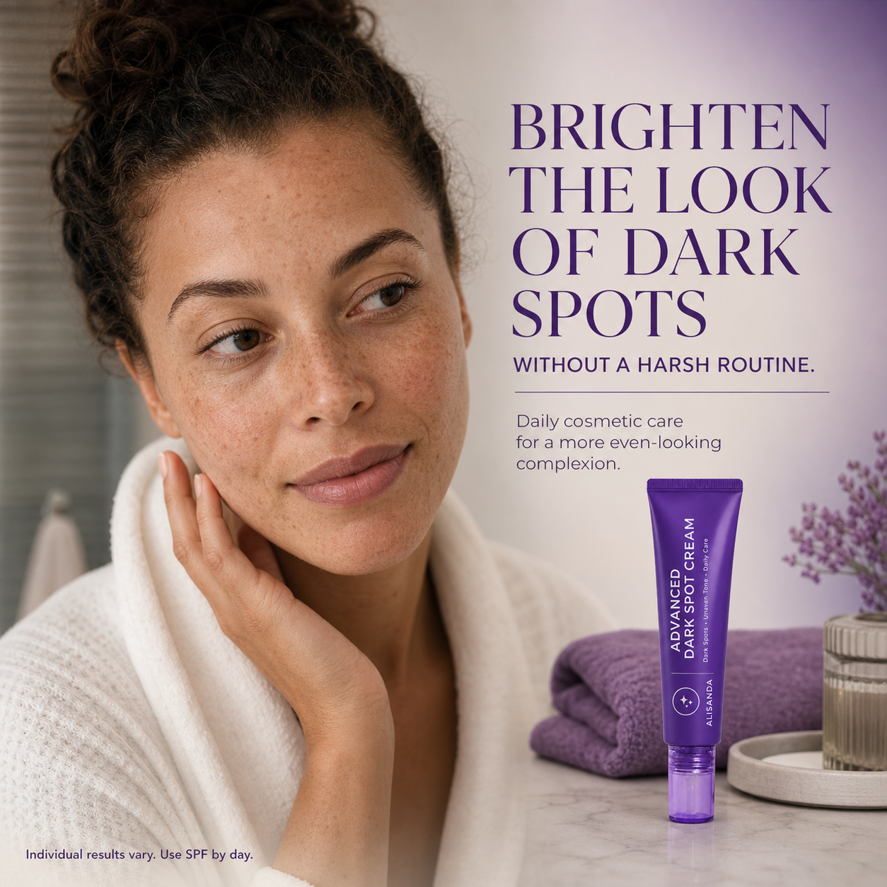 Adult woman with freckles beside ALISANDA dark spot cream
