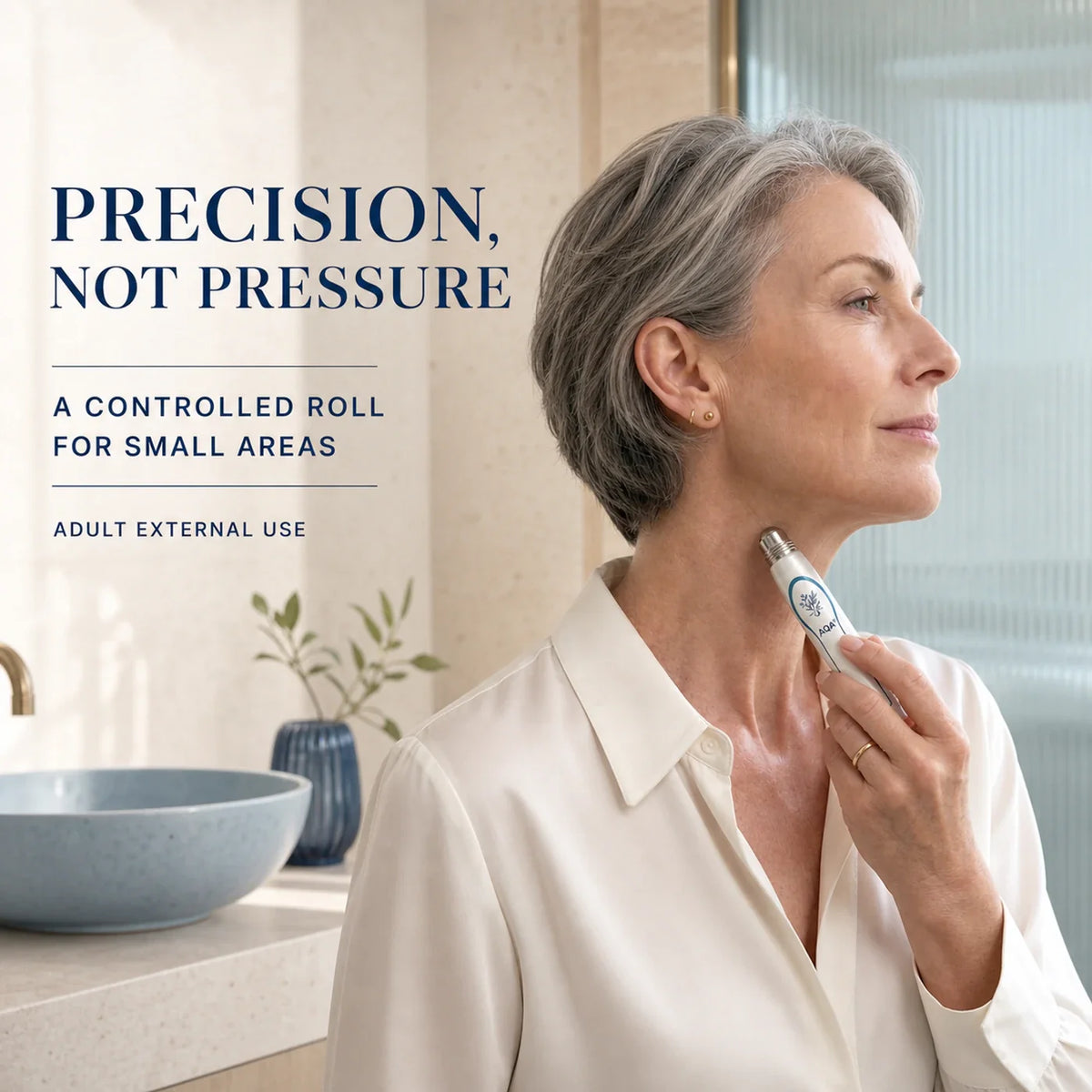 Adult woman using AQA precision rollerball on the side of her neck