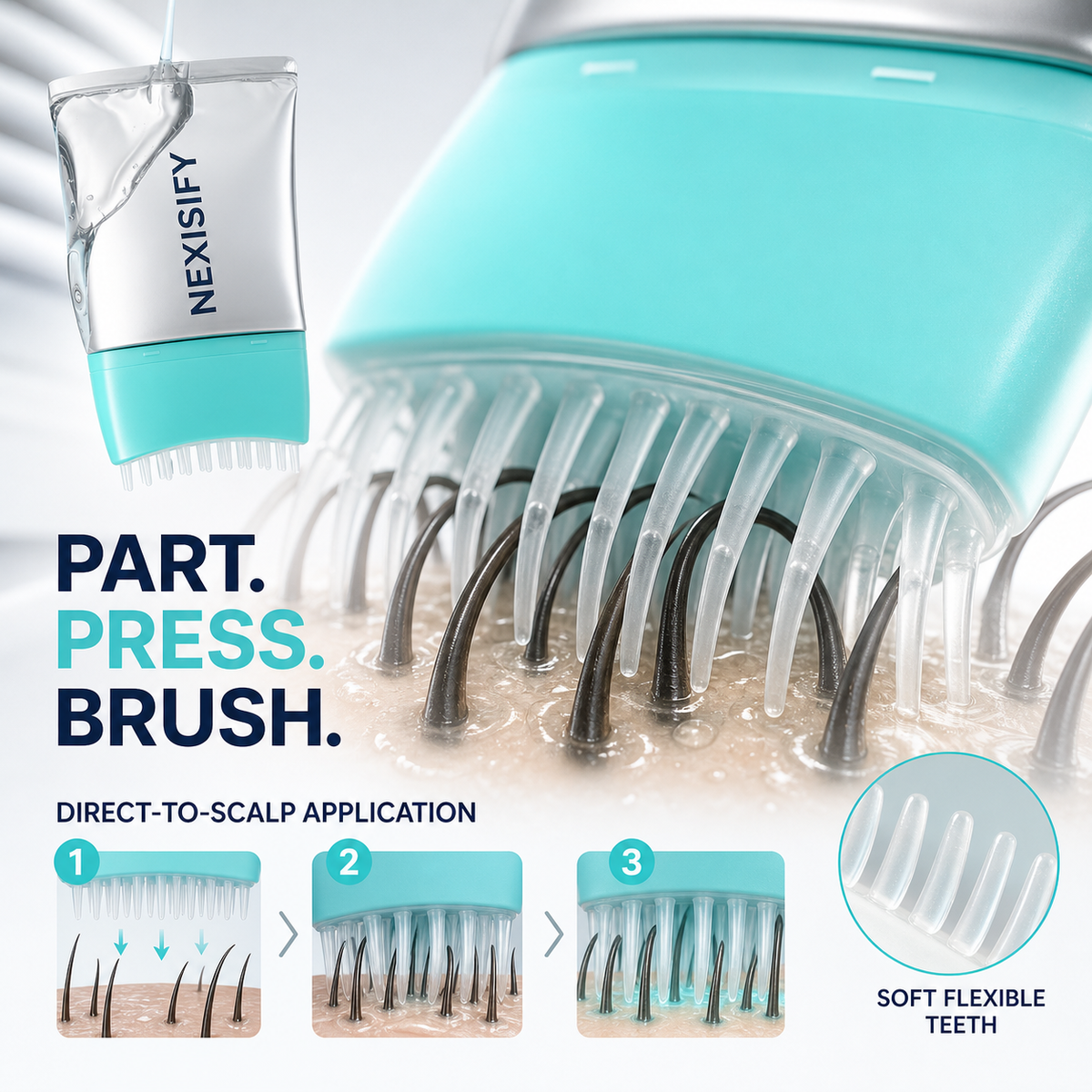 Direct-to-root brush system with flexible comb teeth