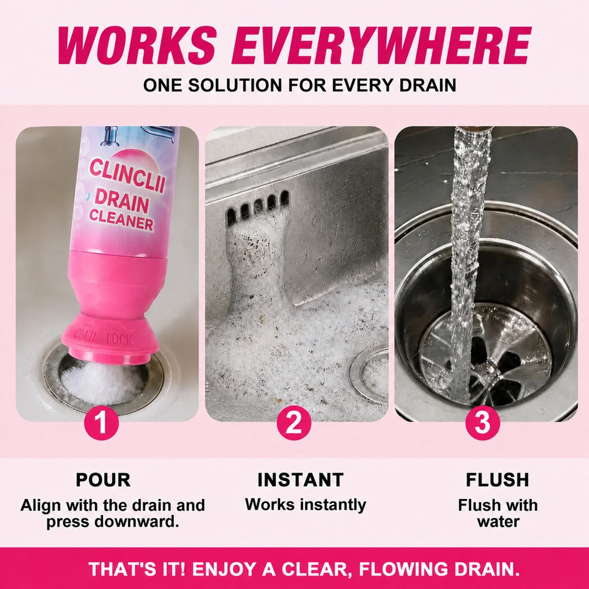Clinclii foam drain cleaner three-step pour press and corrected flush guide