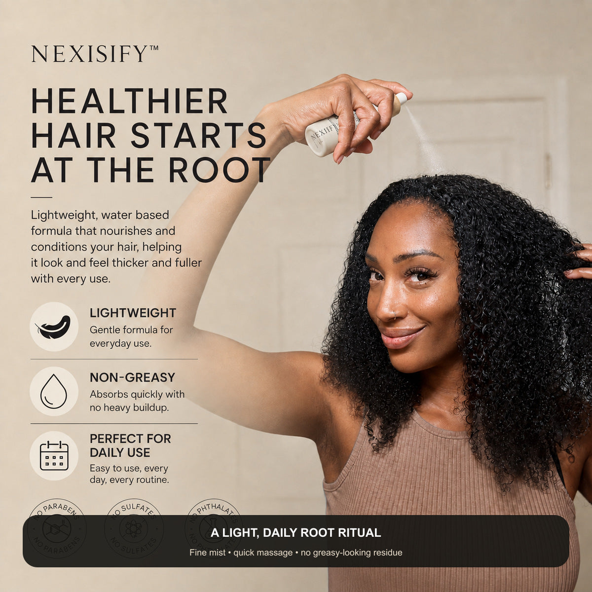 Woman applying NEXISIFY fine mist directly to the roots
