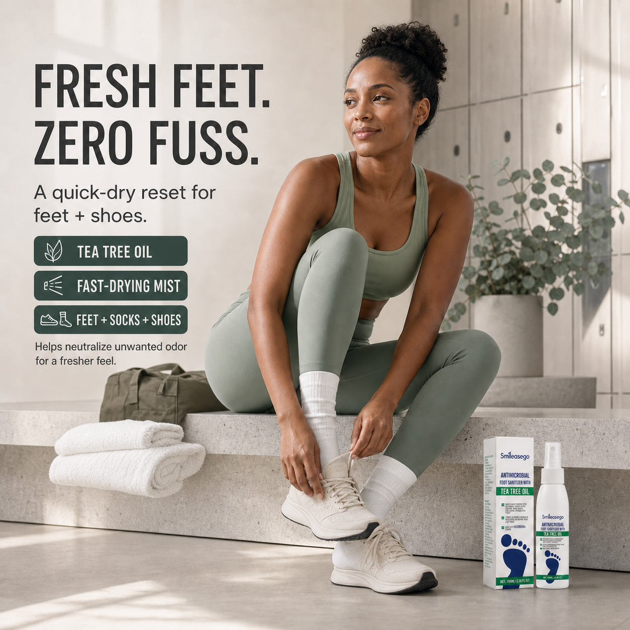 Athletic Black woman preparing her sneakers with Smileasego foot spray and efficacy callouts