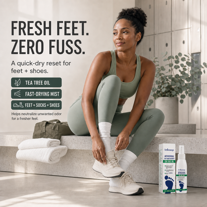 Athletic Black woman preparing her sneakers with Smileasego foot spray and efficacy callouts