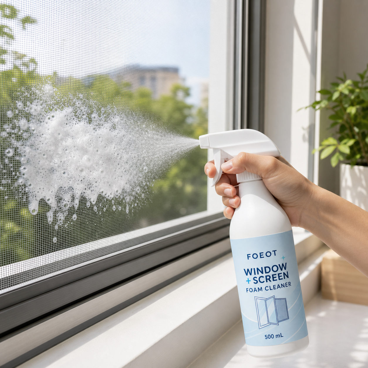 FOEOT foam being sprayed onto an installed insect screen
