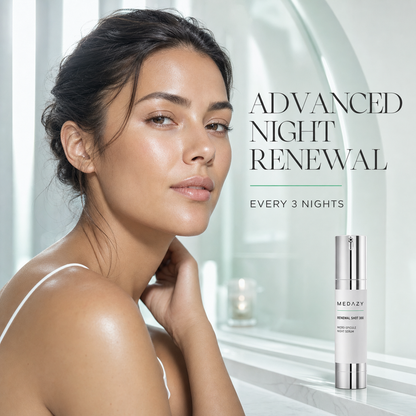 Latina woman in an advanced MEDAZY every-three-night skincare campaign with a small product bottle