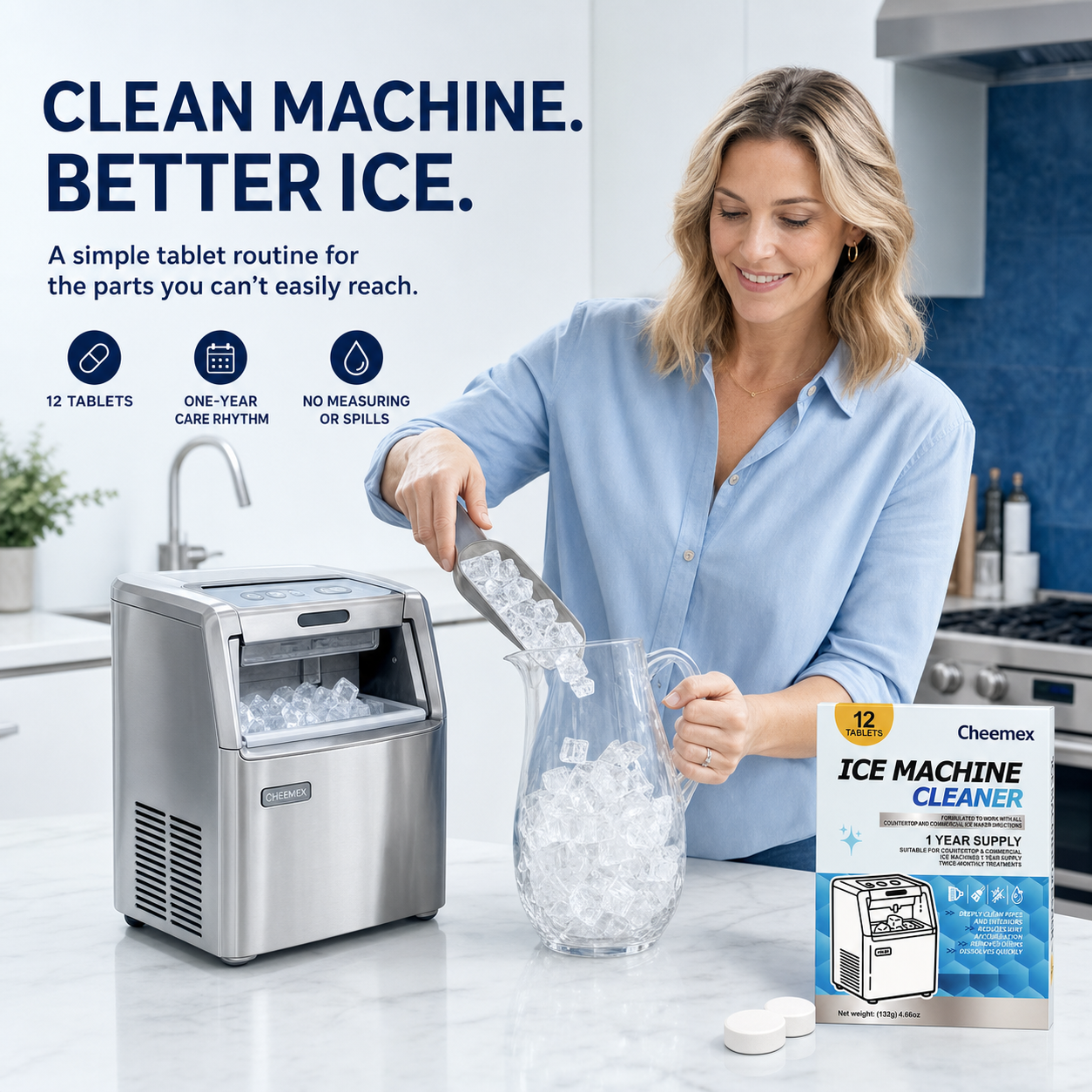 Woman pouring clear ice beside a clean countertop ice maker and Cheemex cleaner tablets