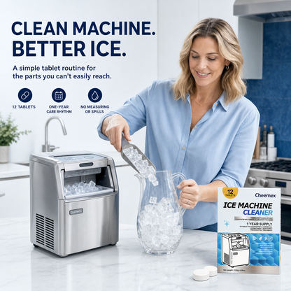 Woman pouring clear ice beside a clean countertop ice maker and Cheemex cleaner tablets