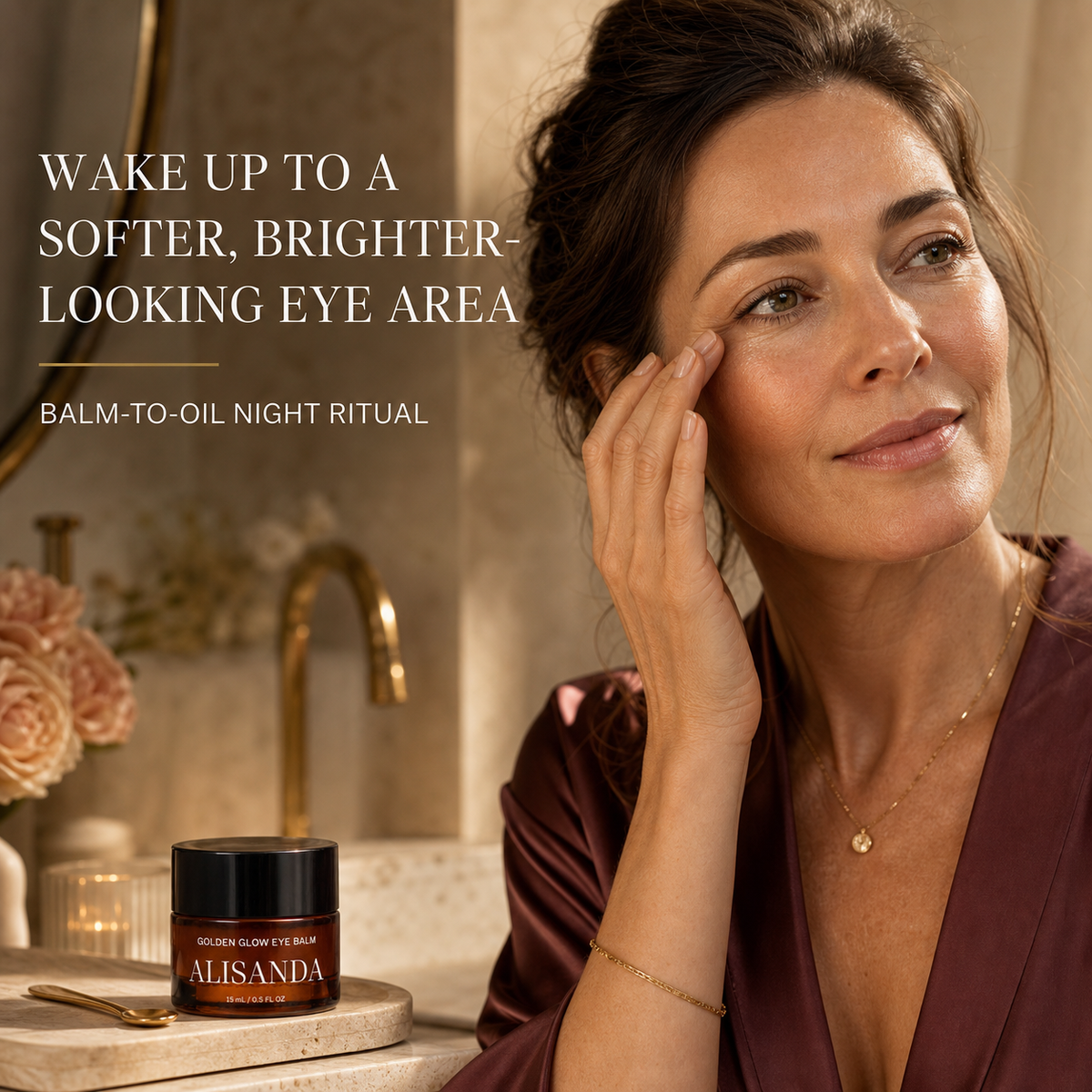 Mature woman during an ALISANDA Golden Glow Eye Balm night ritual
