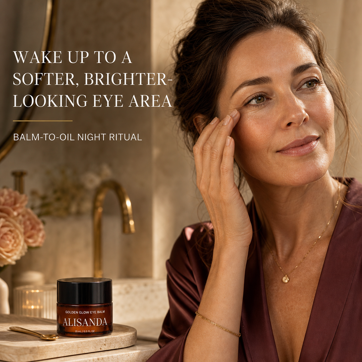 Mature woman during an ALISANDA Golden Glow Eye Balm night ritual