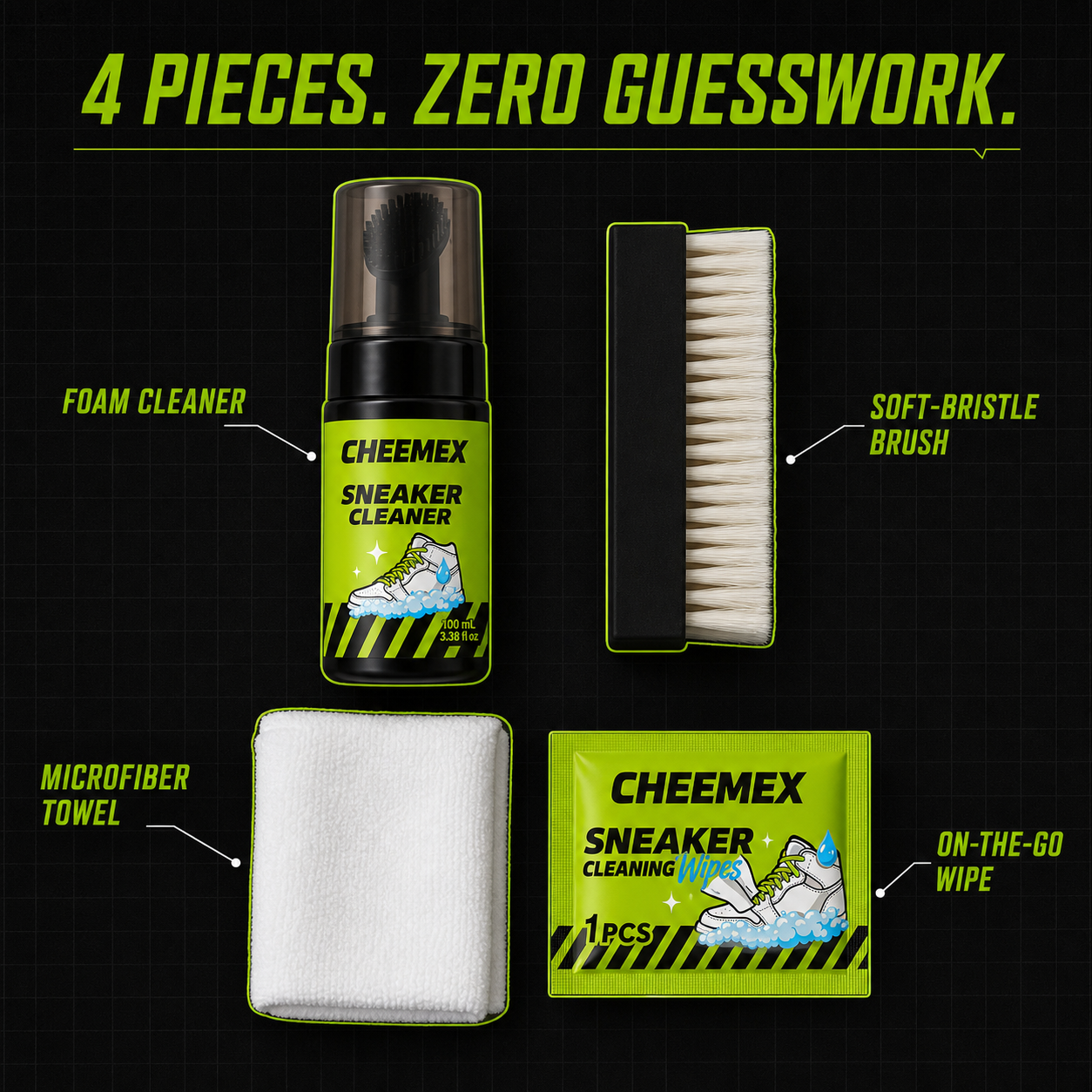 CHEEMEX sneaker cleaner four-piece kit contents