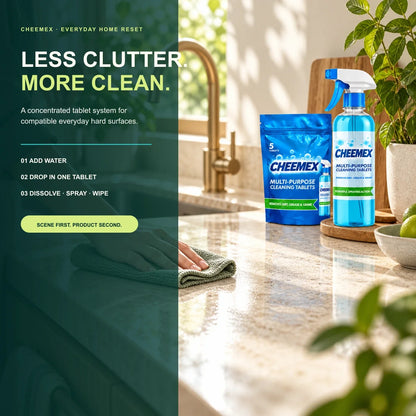 CHEEMEX multipurpose refill system in a natural kitchen cleaning scene