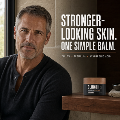 Premium mature men's skincare portrait with CLINCLII Tallow Balm