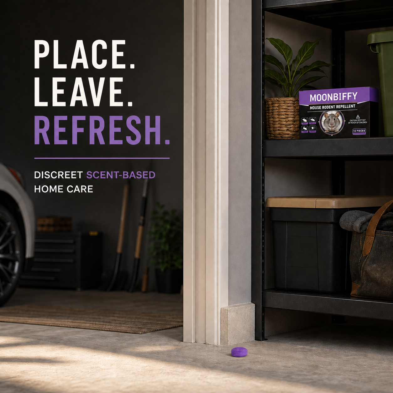 MOONBIFFY puck placed discreetly near a clean garage entry and storage shelf