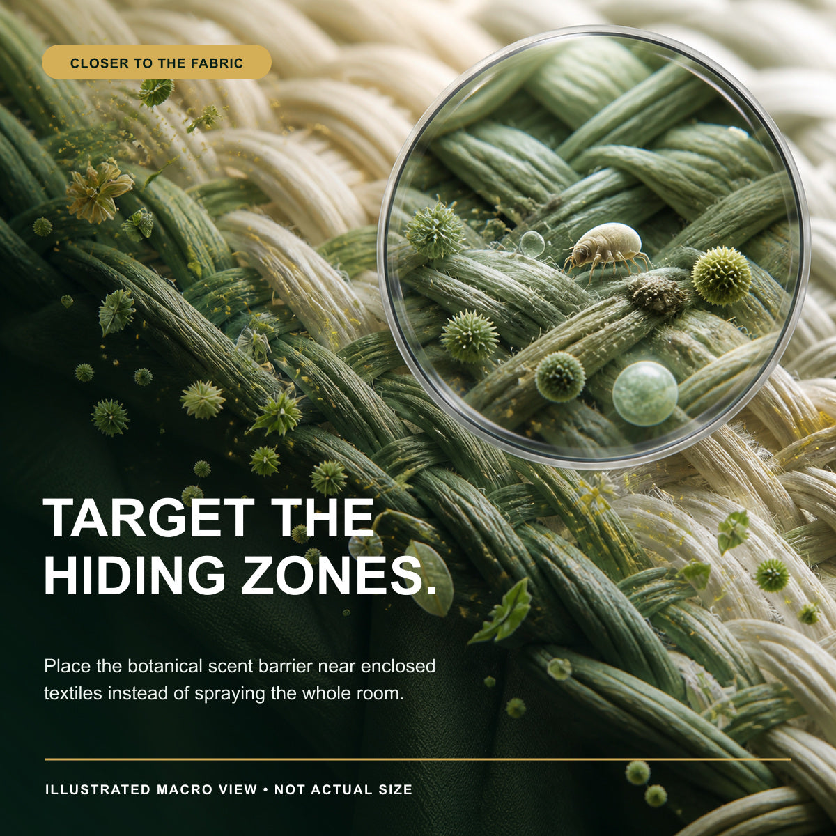 Illustrated close view of textile fibers and hidden mite zones