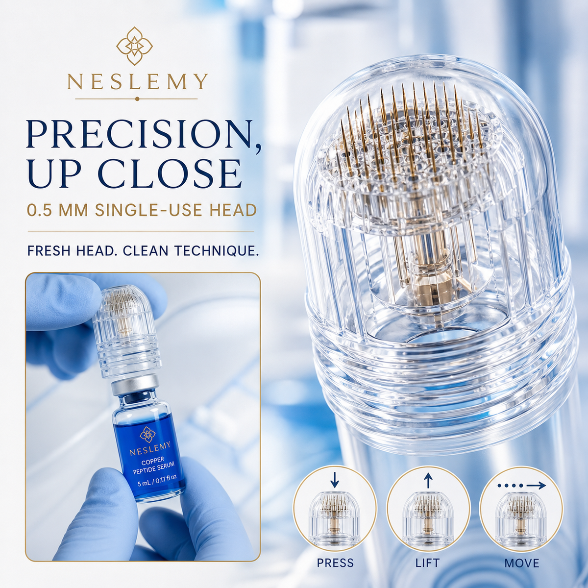 Close-up of the NESLEMY 0.5 mm single-use precision infusion head