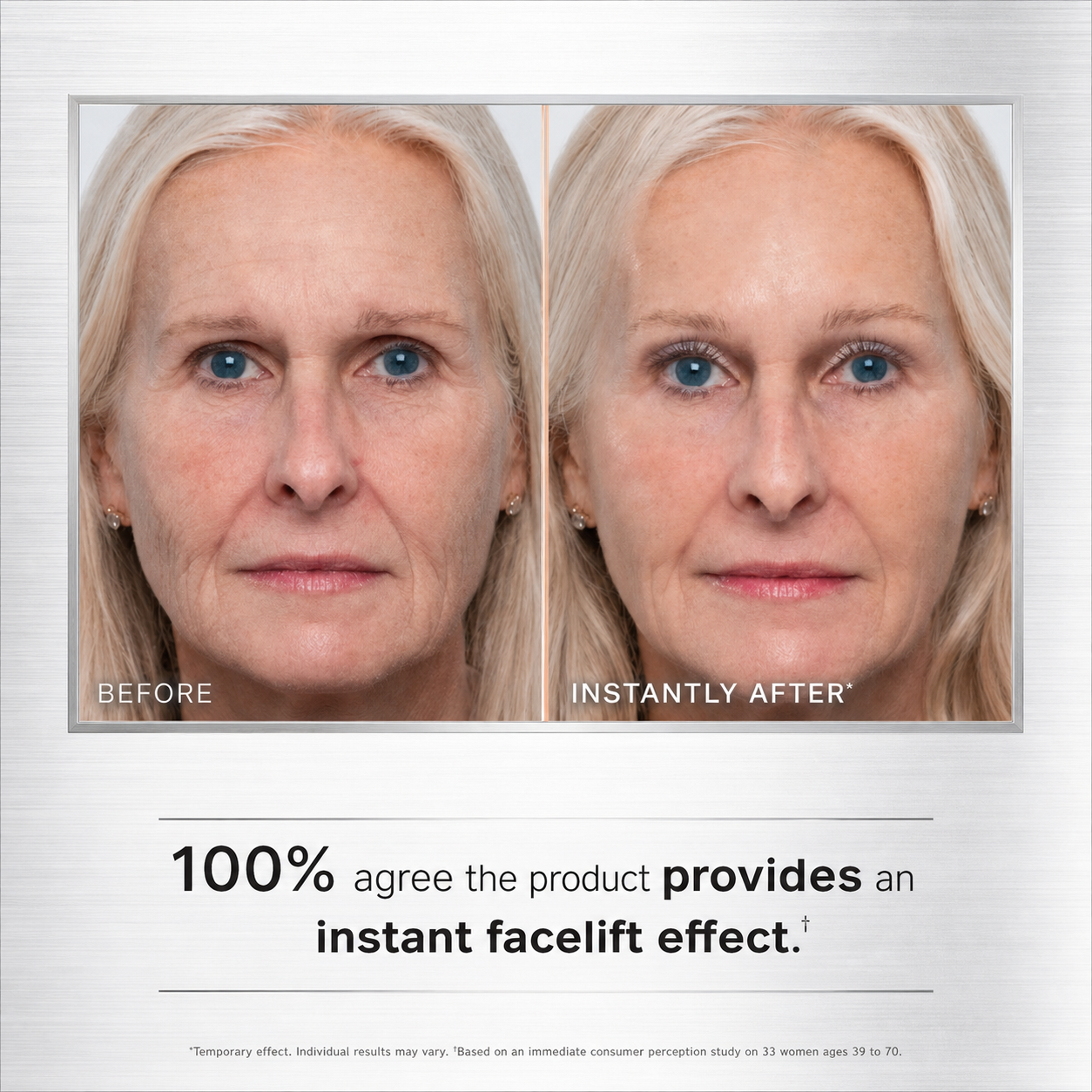 Real before and instantly after temporary firming result in a silver editorial layout