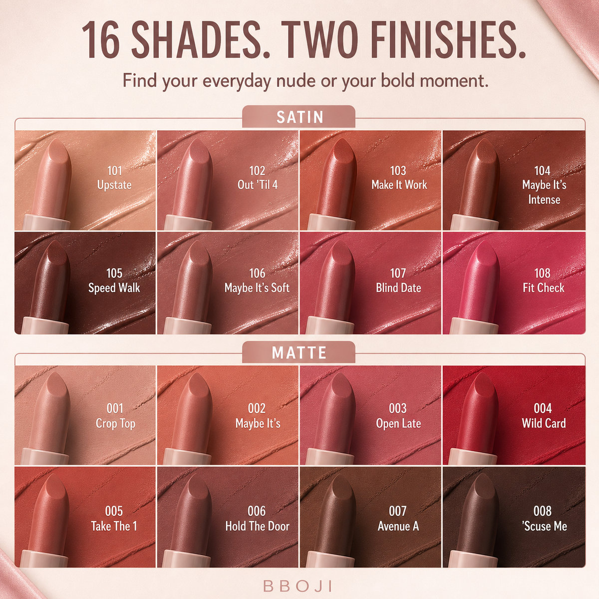 BBOJI Serum Lipstick 16 shade guide with eight satin and eight matte colors