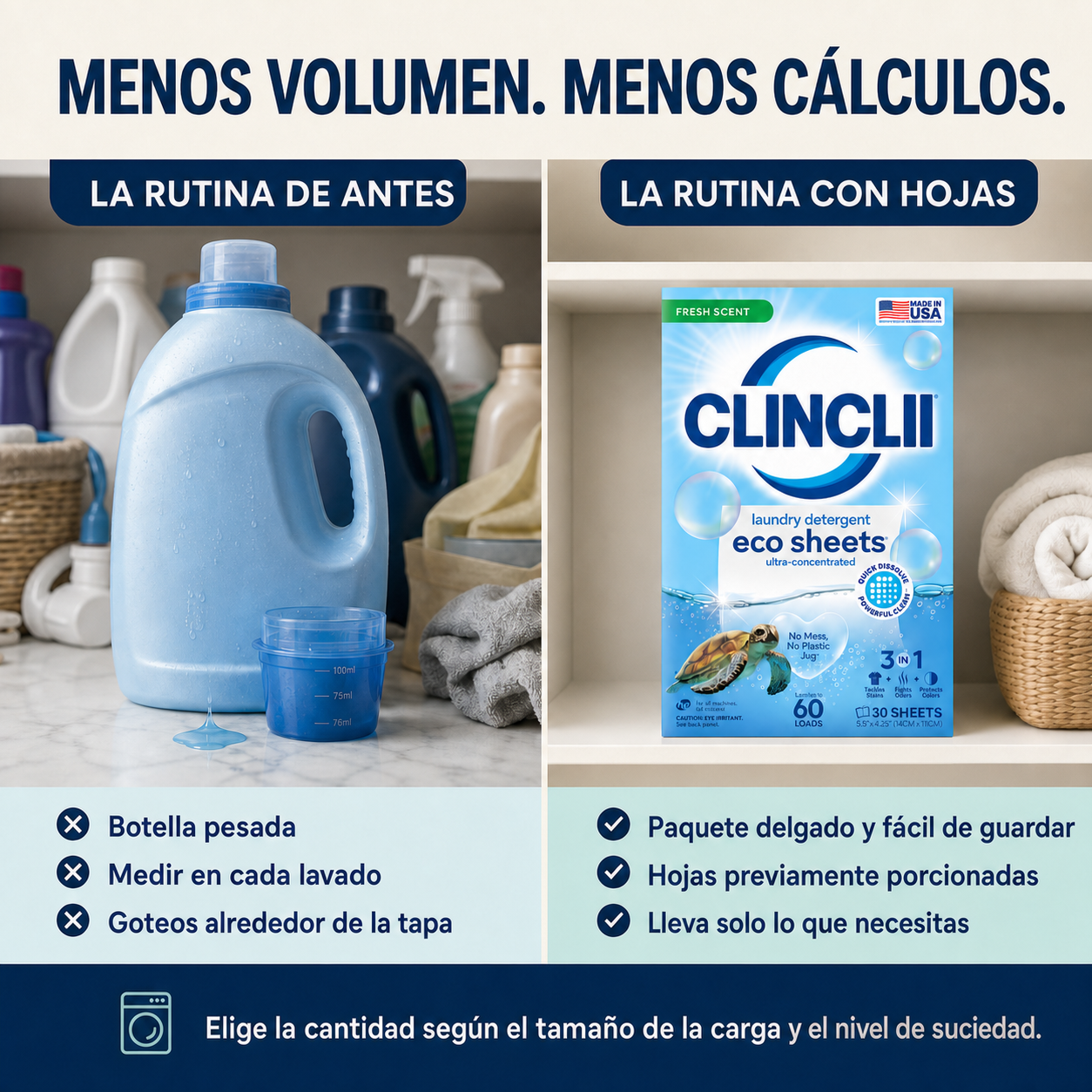 Comparación de hojas de detergente con una botella pesada en español