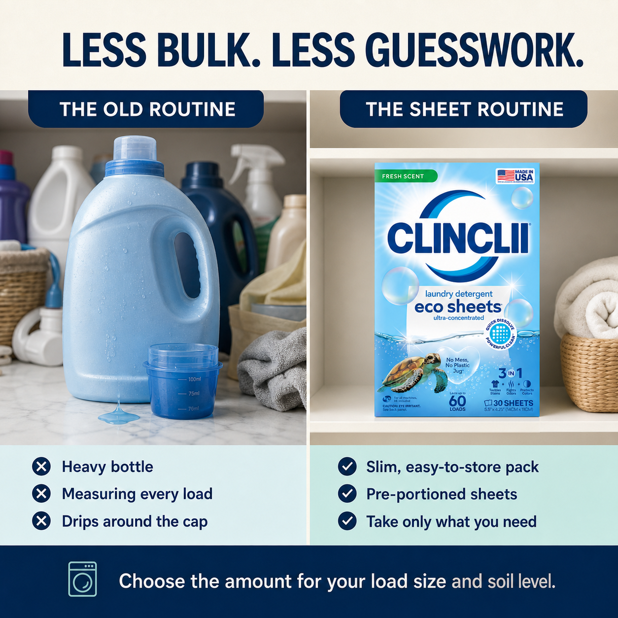 Laundry detergent sheets compared with bulky liquid detergent jug in English