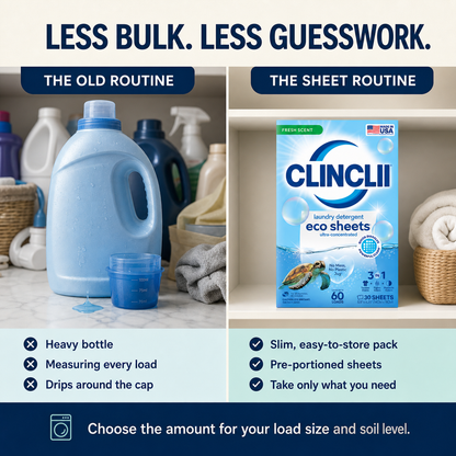 Laundry detergent sheets compared with bulky liquid detergent jug in English